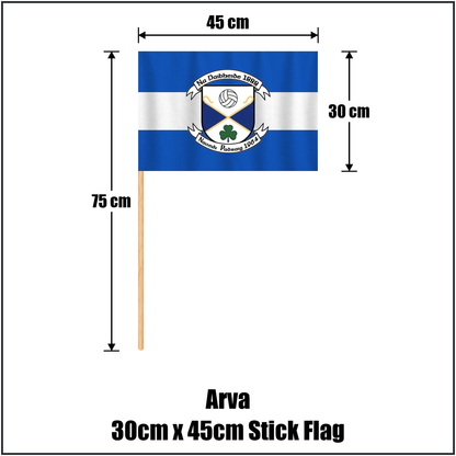 Arva 30cm x 45cm Stick Flag, featuring the club crest and blue and white colours; County Cavan GAA. ClubFlags.ie.