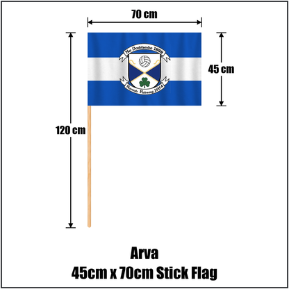 Arva 45cm x 70cm Stick Flag, featuring the club crest and blue and white colours; County Cavan GAA. ClubFlags.ie.