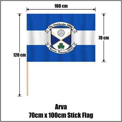 Arva 70cm x 100cm Stick Flag, featuring the club crest and blue and white colours; County Cavan GAA. ClubFlags.ie.