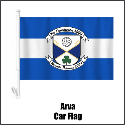 Arva Car Flag, featuring the club crest and blue and white colours; County Cavan GAA. ClubFlags.ie.