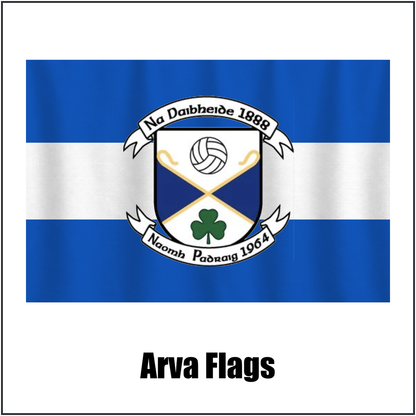 Arva Flags, featuring the club crest and blue and white colours; County Cavan GAA. ClubFlags.ie.
