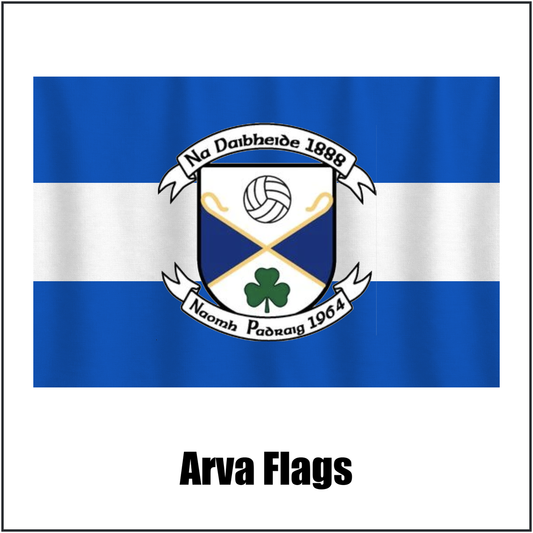 Arva Flags, featuring the club crest and blue and white colours; County Cavan GAA. ClubFlags.ie.