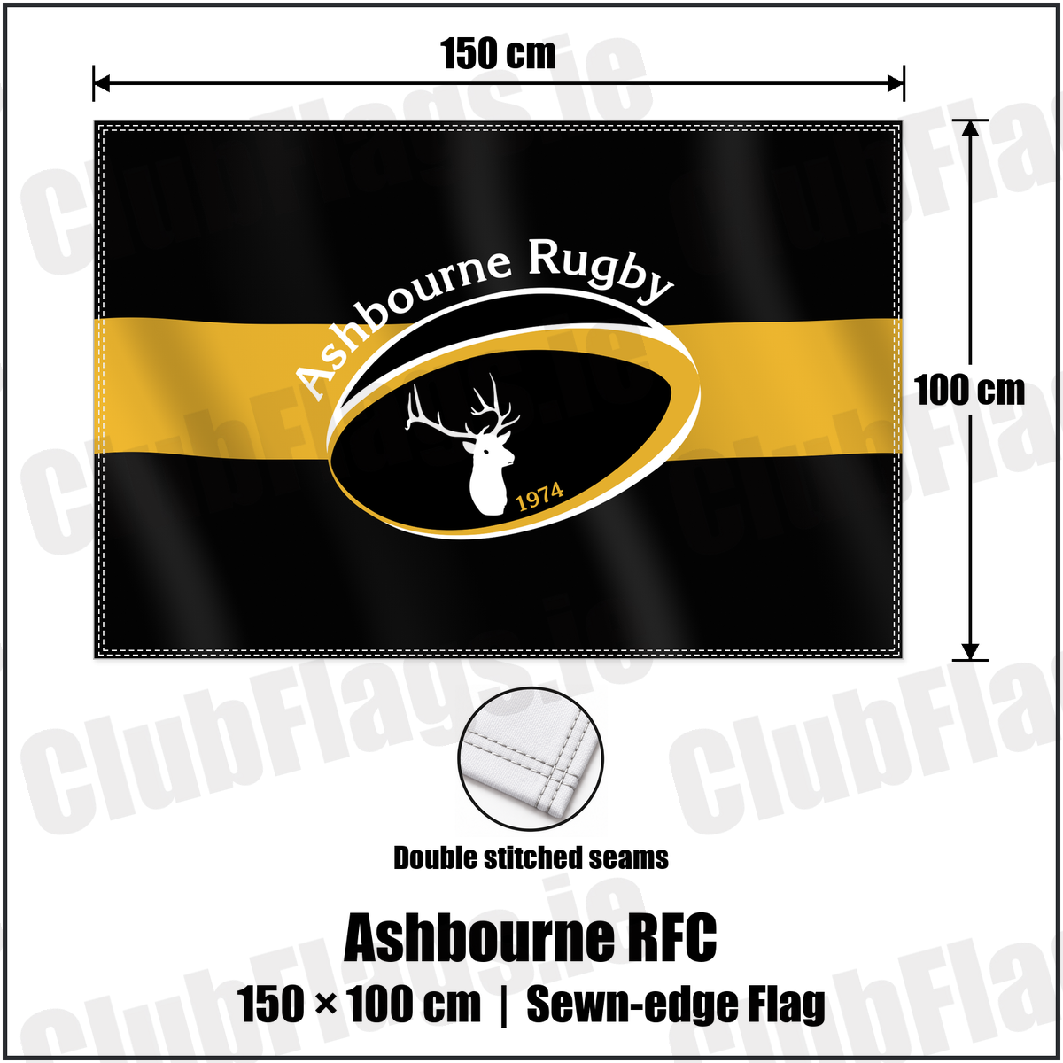 Ashbourne RFC 100cm x 150cm Flag (sewn on the edges) with the club crest and colours, Meath Rugby - ClubFlags.ie