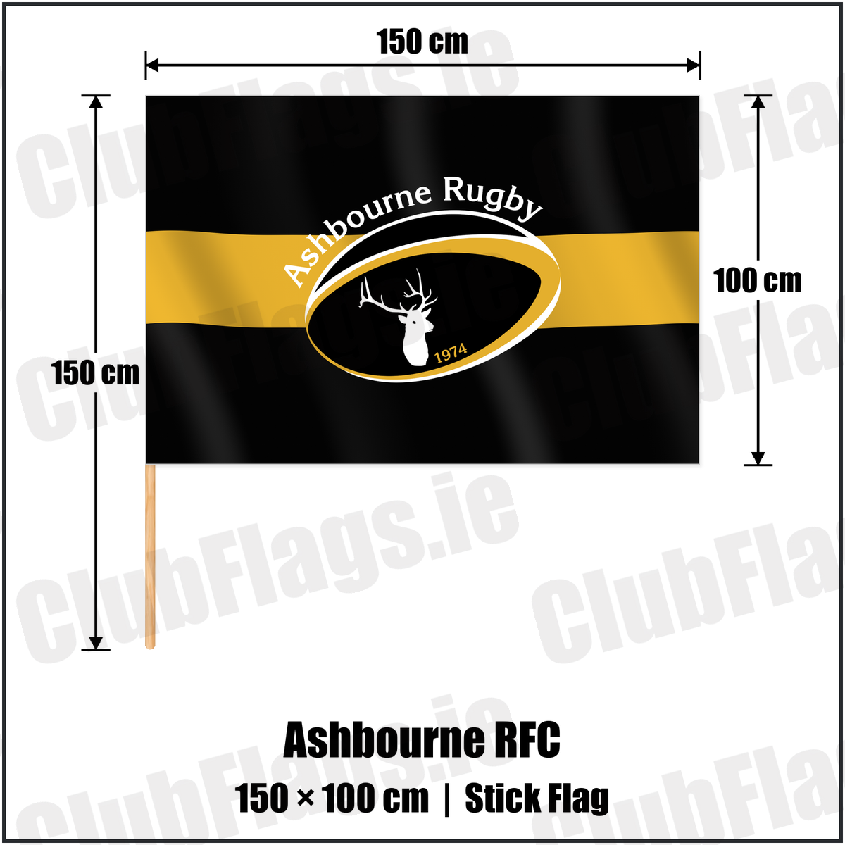 Ashbourne RFC 100cm x 150cm Stick Flag with the club crest and colours, Meath Rugby - ClubFlags.ie