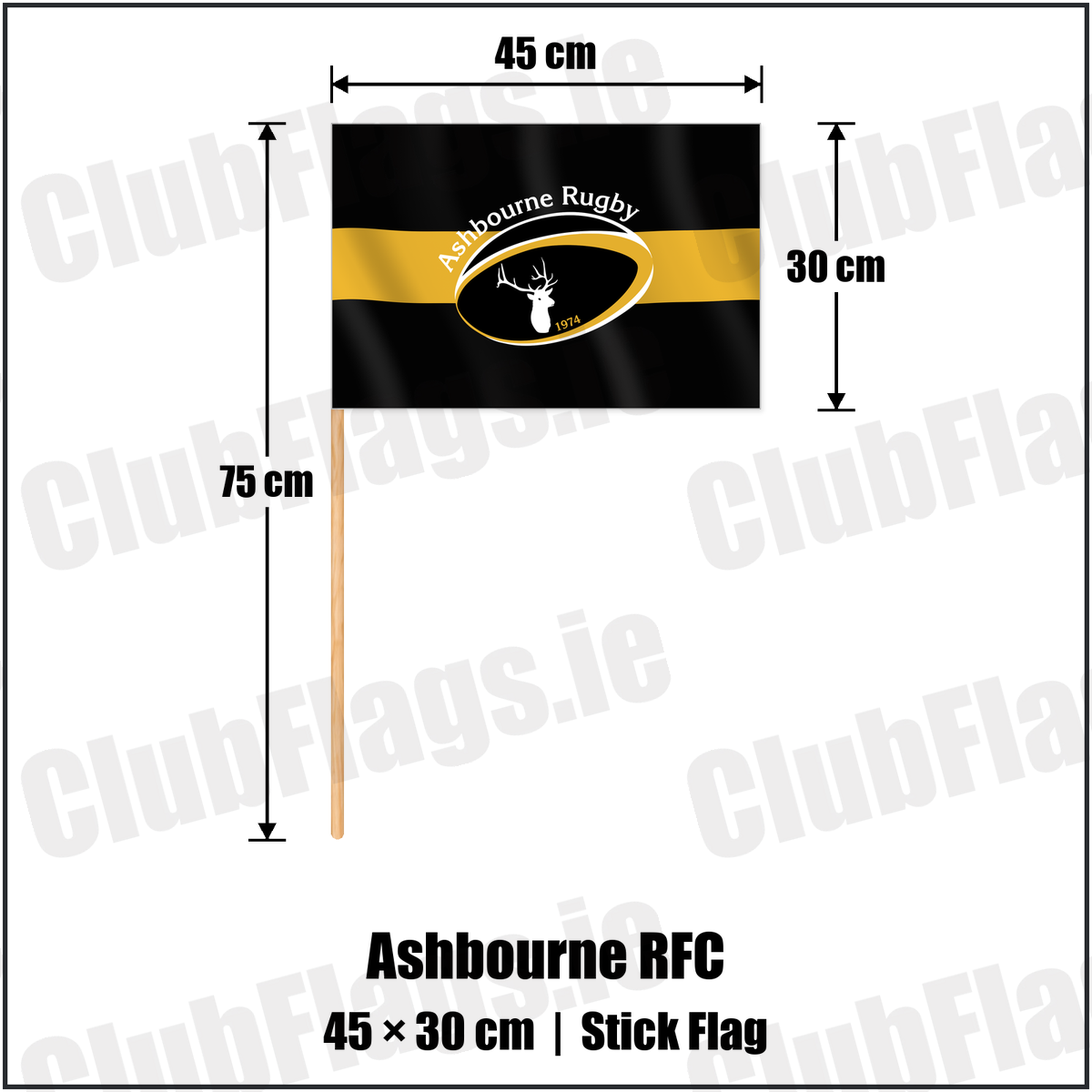 Ashbourne RFC 30cm x 45cm Stick Flag with the club crest and colours, Meath Rugby - ClubFlags.ie