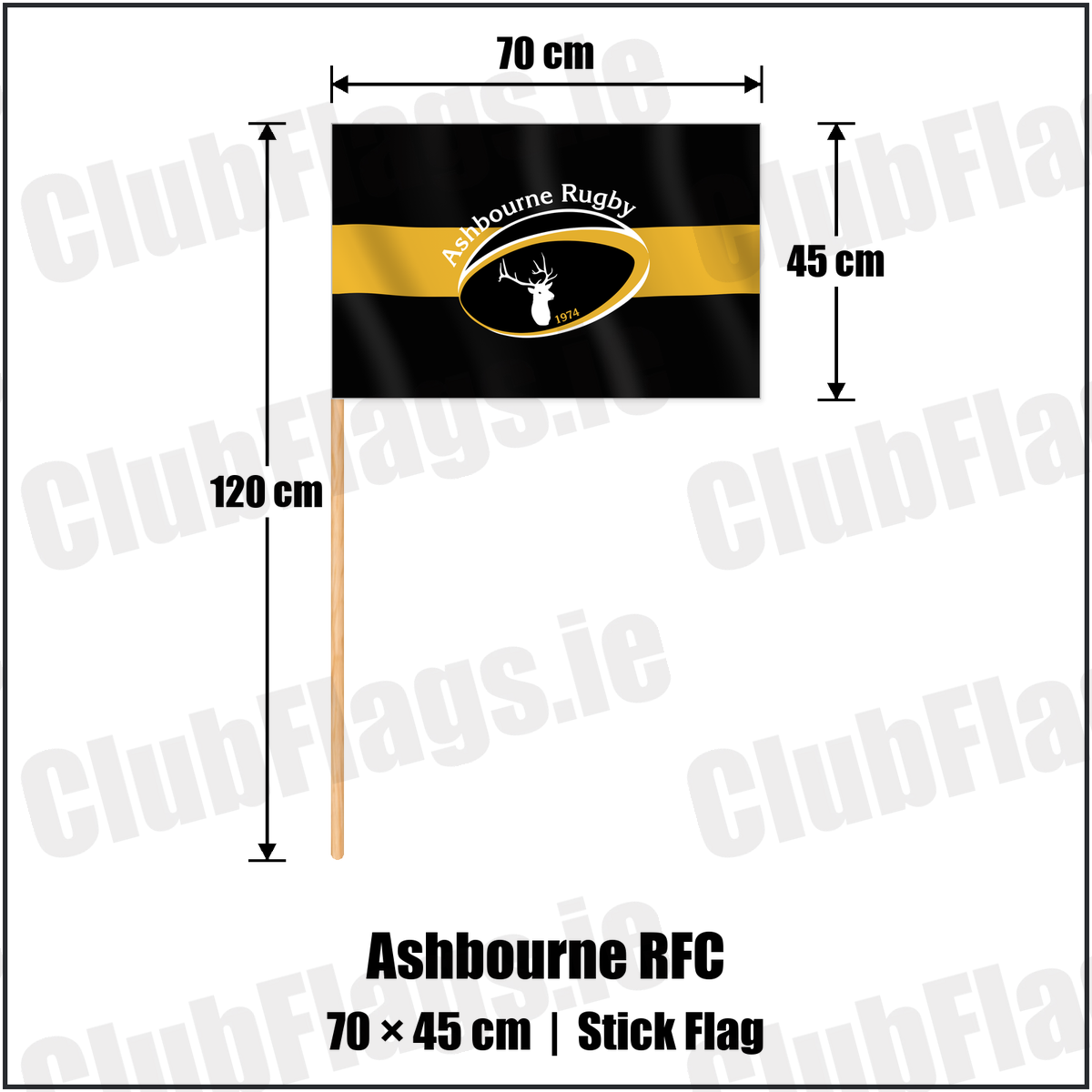Ashbourne RFC 45cm x 70cm Stick Flag with the club crest and colours, Meath Rugby - ClubFlags.ie