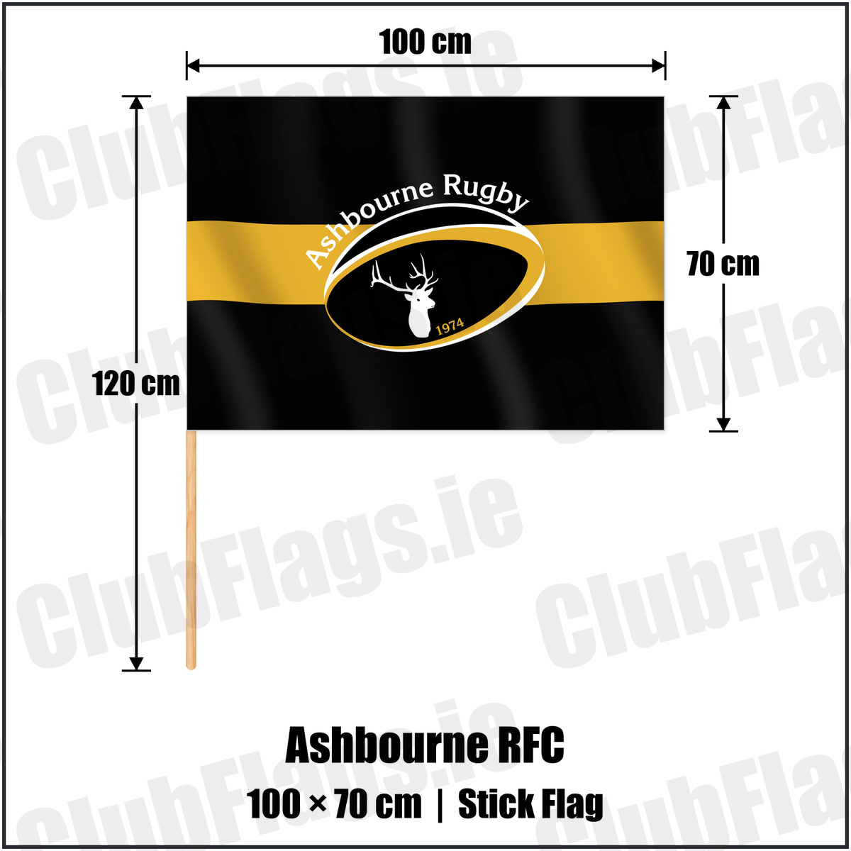 Ashbourne RFC 70cm x 100cm Stick Flag with the club crest and colours, Meath Rugby - ClubFlags.ie