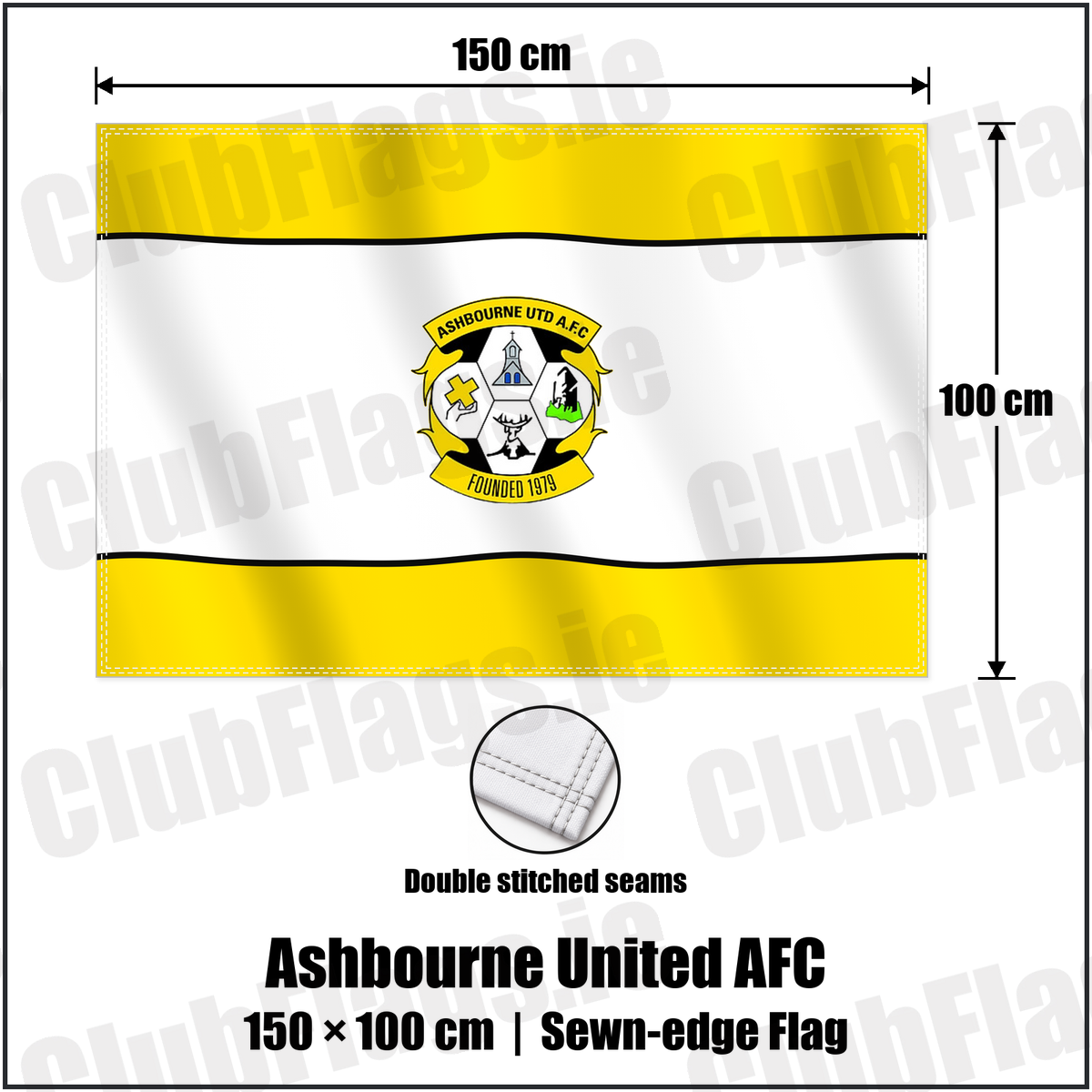 Ashbourne United AFC 100cm x 150cm Flag (sewn on the edges) with the club crest and colours, Meath Football - ClubFlags.ie