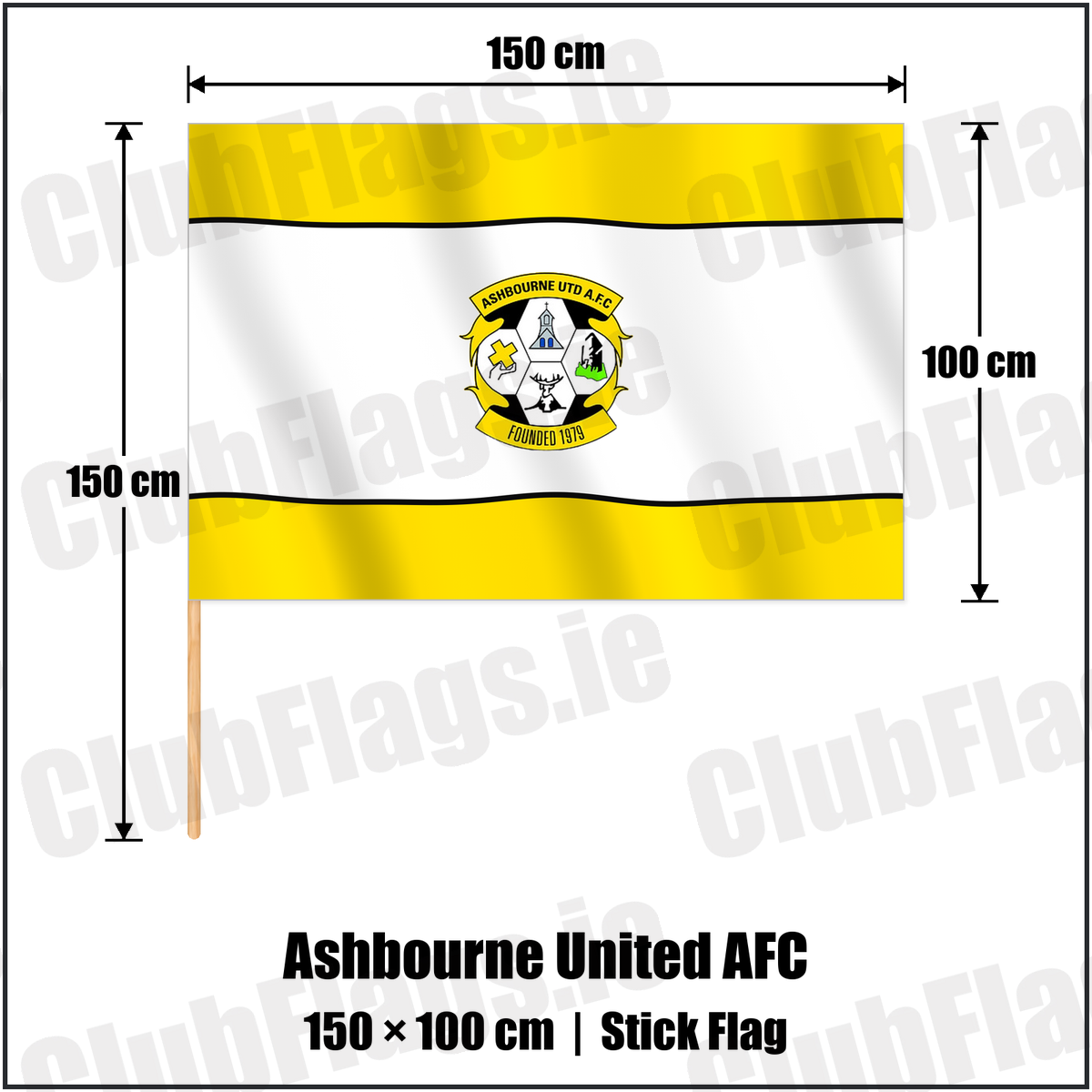 Ashbourne United AFC 100cm x 150cm Stick Flag with the club crest and colours, Meath Football - ClubFlags.ie