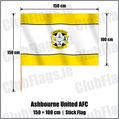 Ashbourne United AFC 100cm x 150cm Stick Flag with the club crest and colours, Meath Football - ClubFlags.ie