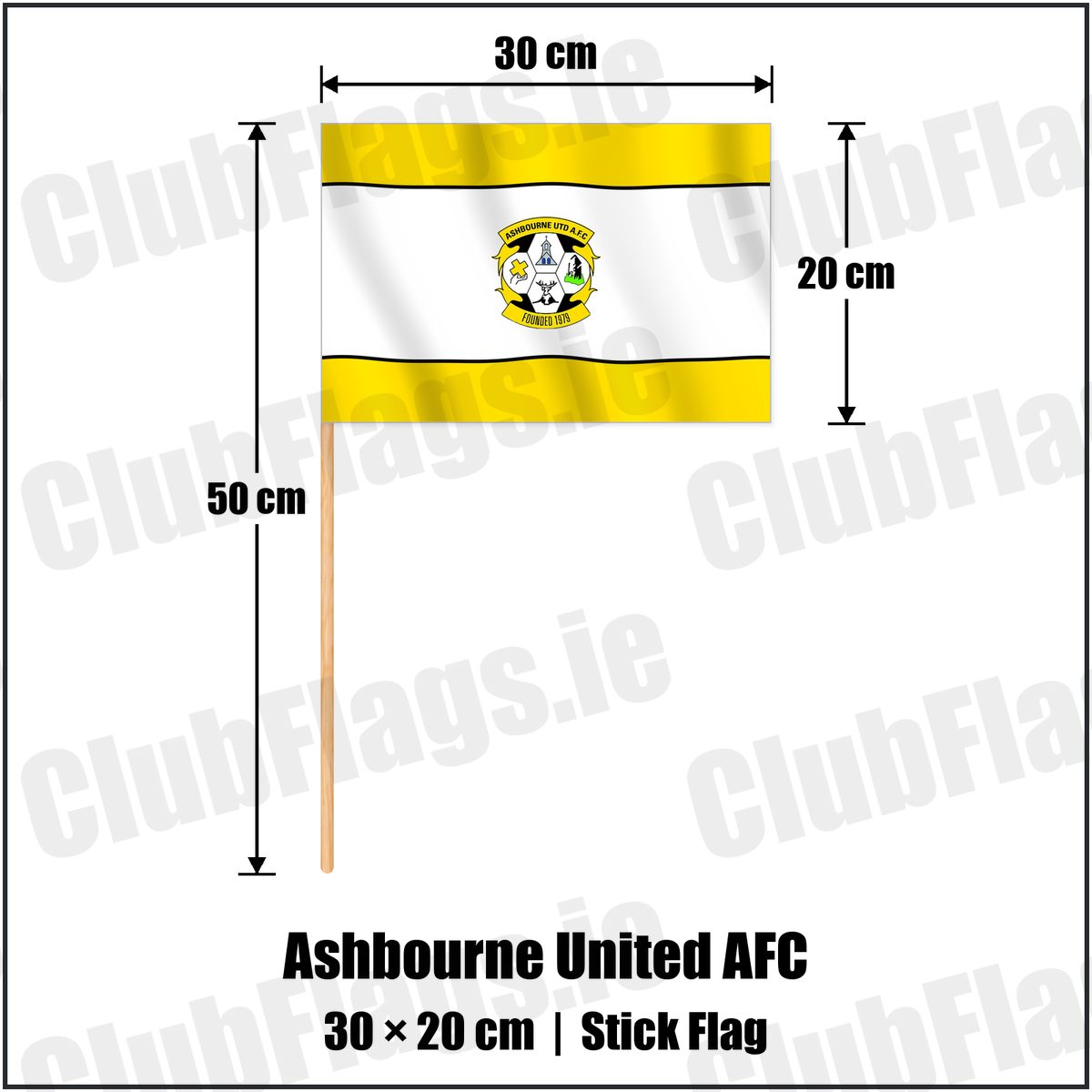 Ashbourne United AFC 20cm x 30cm Stick Flag with the club crest and colours, Meath Football - ClubFlags.ie