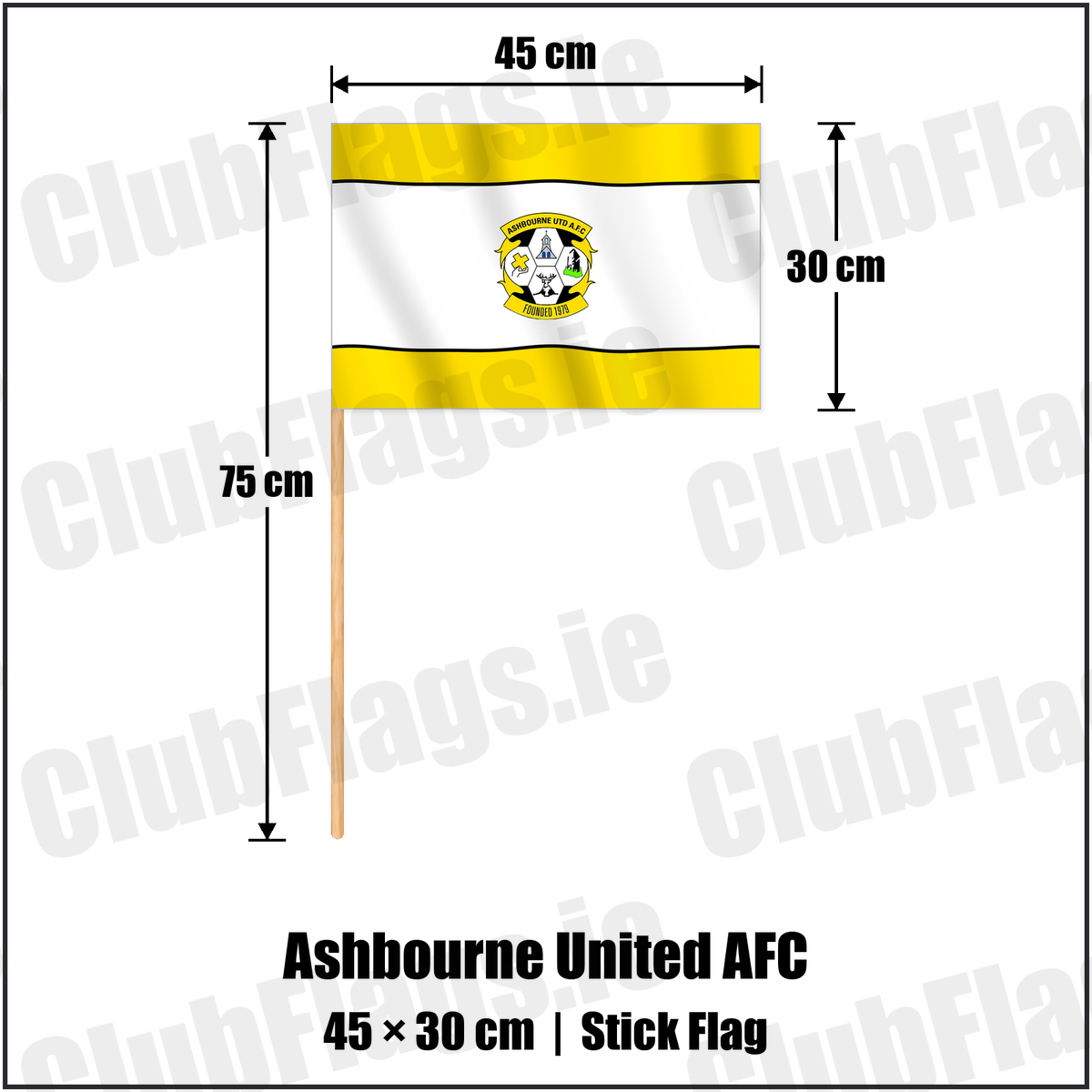 Ashbourne United AFC 30cm x 45cm Stick Flag with the club crest and colours, Meath Football - ClubFlags.ie