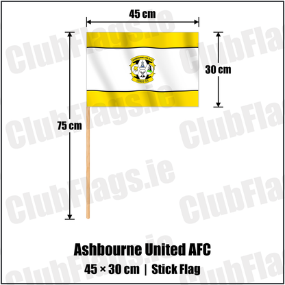 Ashbourne United AFC 30cm x 45cm Stick Flag with the club crest and colours, Meath Football - ClubFlags.ie