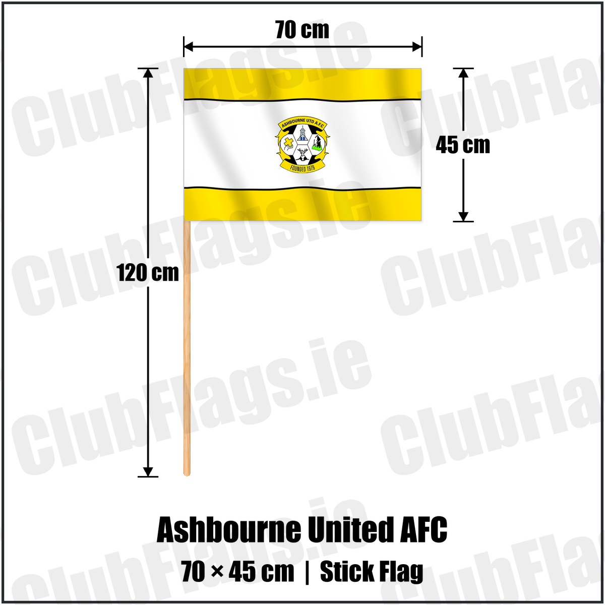 Ashbourne United AFC 45cm x 70cm Stick Flag with the club crest and colours, Meath Football - ClubFlags.ie