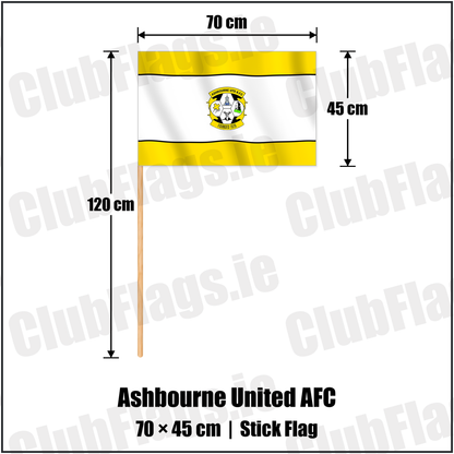 Ashbourne United AFC 45cm x 70cm Stick Flag with the club crest and colours, Meath Football - ClubFlags.ie