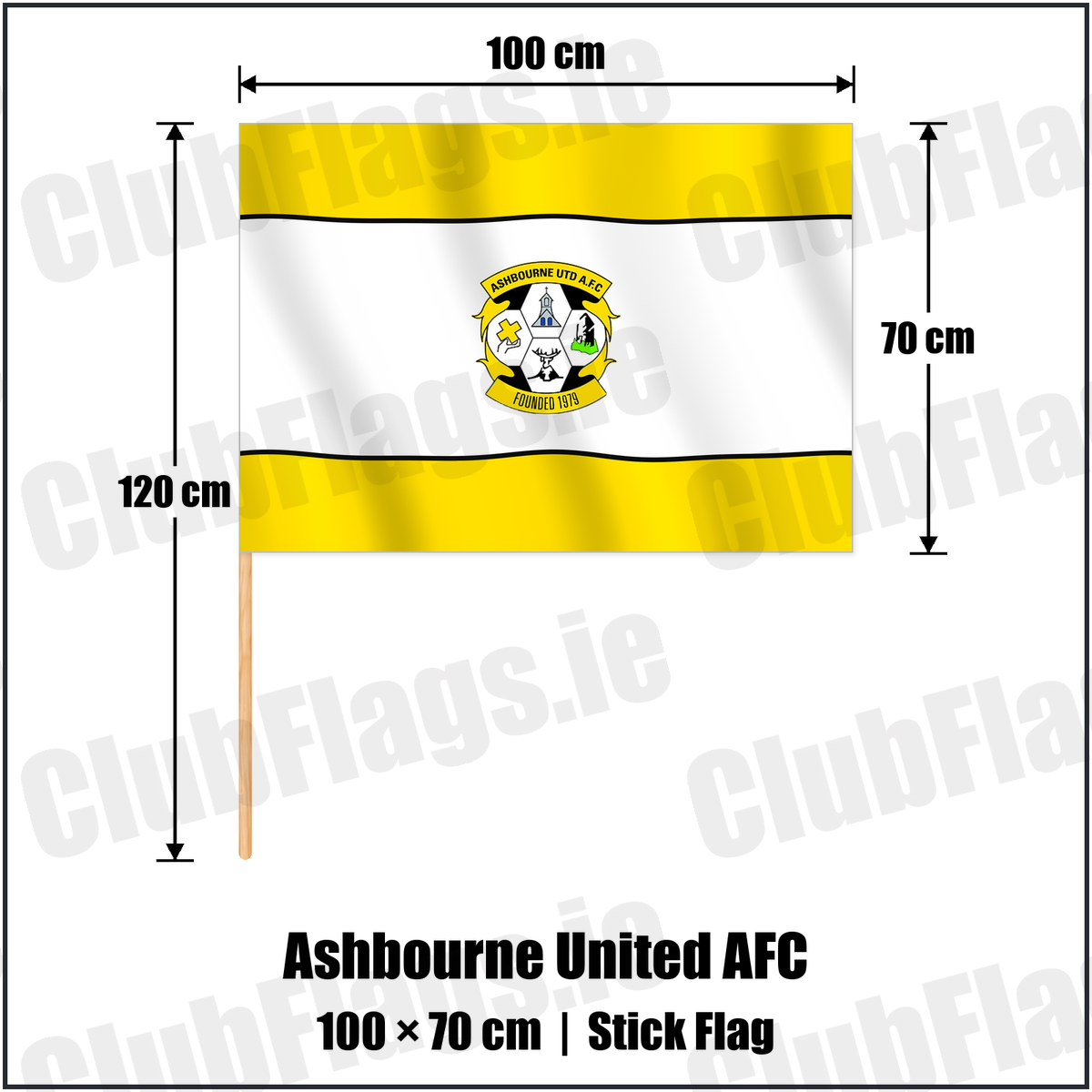 Ashbourne United AFC 70cm x 100cm Stick Flag with the club crest and colours, Meath Football - ClubFlags.ie