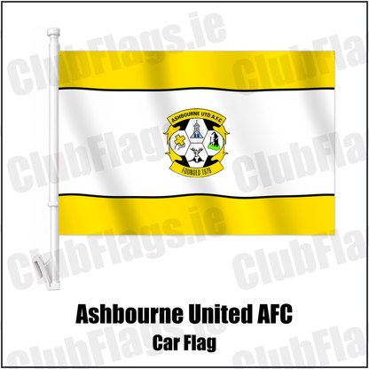 Ashbourne United AFC Car Flag with the club crest and colours, Meath Football - ClubFlags.ie