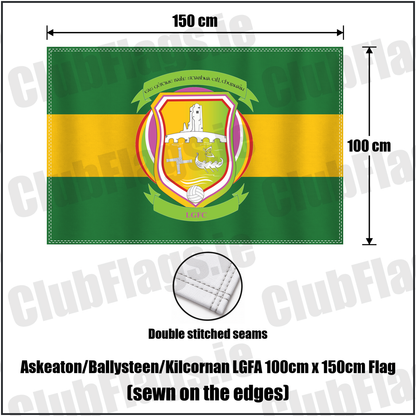 Askeaton/Ballysteen/Kilcornan LGFA 100cm x 150cm Flag (sewn on the edges), featuring the club crest and green and gold colours; County Limerick ladies Gaelic football. ClubFlags.ie.