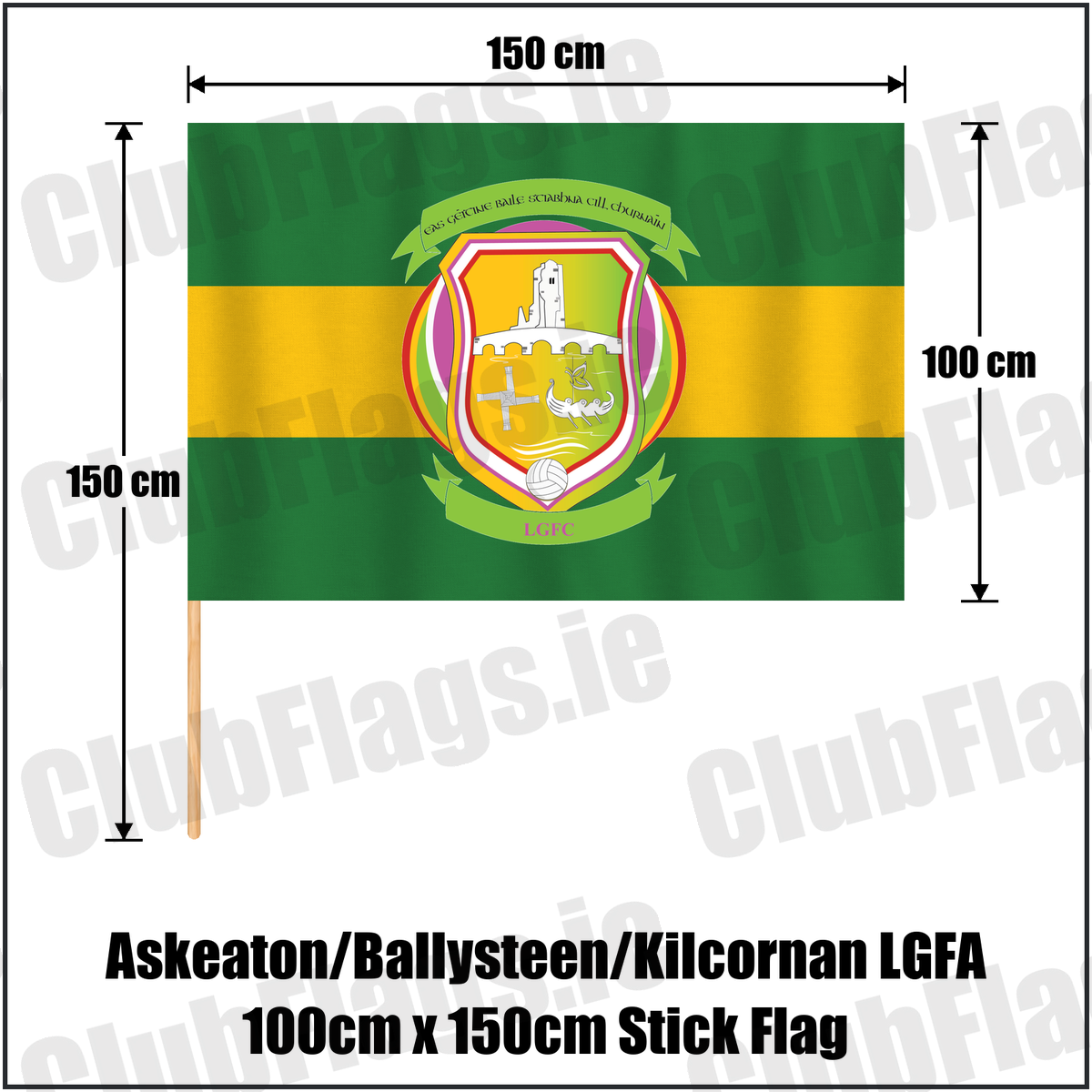 Askeaton/Ballysteen/Kilcornan LGFA 100cm x 150cm Stick Flag, featuring the club crest and green and gold colours; County Limerick ladies Gaelic football. ClubFlags.ie.