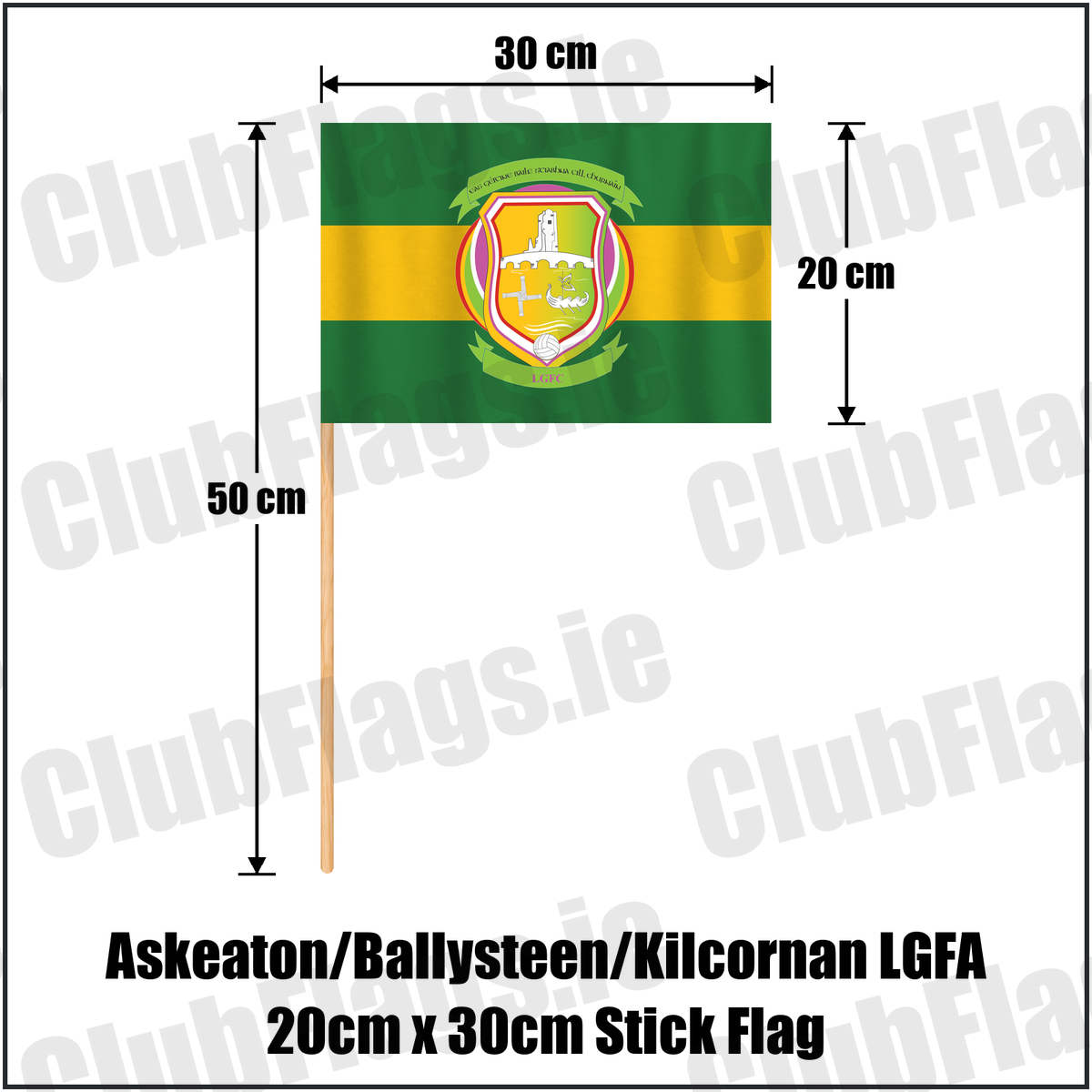 Askeaton/Ballysteen/Kilcornan LGFA 20cm x 30cm Stick Flag, featuring the club crest and green and gold colours; County Limerick ladies Gaelic football. ClubFlags.ie.