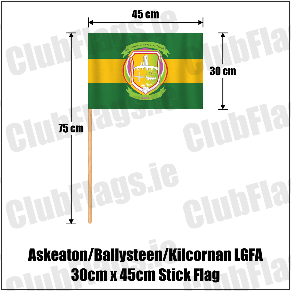 Askeaton/Ballysteen/Kilcornan LGFA 30cm x 45cm Stick Flag, featuring the club crest and green and gold colours; County Limerick ladies Gaelic football. ClubFlags.ie.