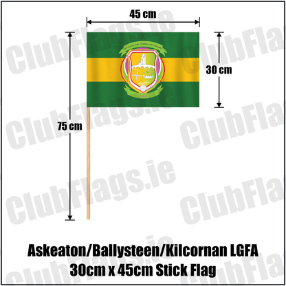 Askeaton/Ballysteen/Kilcornan LGFA 30cm x 45cm Stick Flag, featuring the club crest and green and gold colours; County Limerick ladies Gaelic football. ClubFlags.ie.