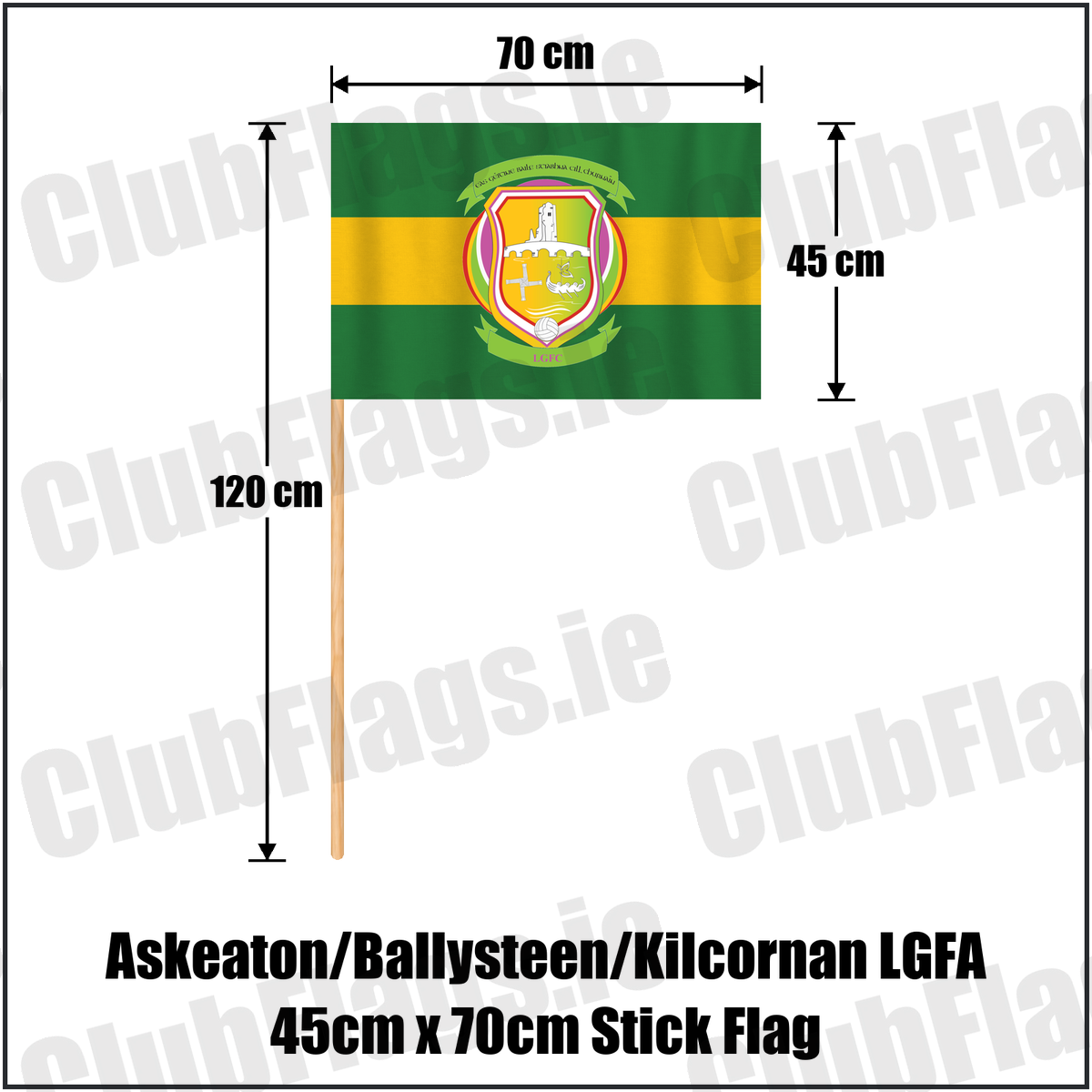 Askeaton/Ballysteen/Kilcornan LGFA 45cm x 70cm Stick Flag, featuring the club crest and green and gold colours; County Limerick ladies Gaelic football. ClubFlags.ie.