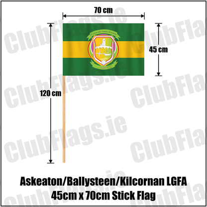 Askeaton/Ballysteen/Kilcornan LGFA 45cm x 70cm Stick Flag, featuring the club crest and green and gold colours; County Limerick ladies Gaelic football. ClubFlags.ie.