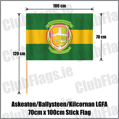 Askeaton/Ballysteen/Kilcornan LGFA 70cm x 100cm Stick Flag, featuring the club crest and green and gold colours; County Limerick ladies Gaelic football. ClubFlags.ie.