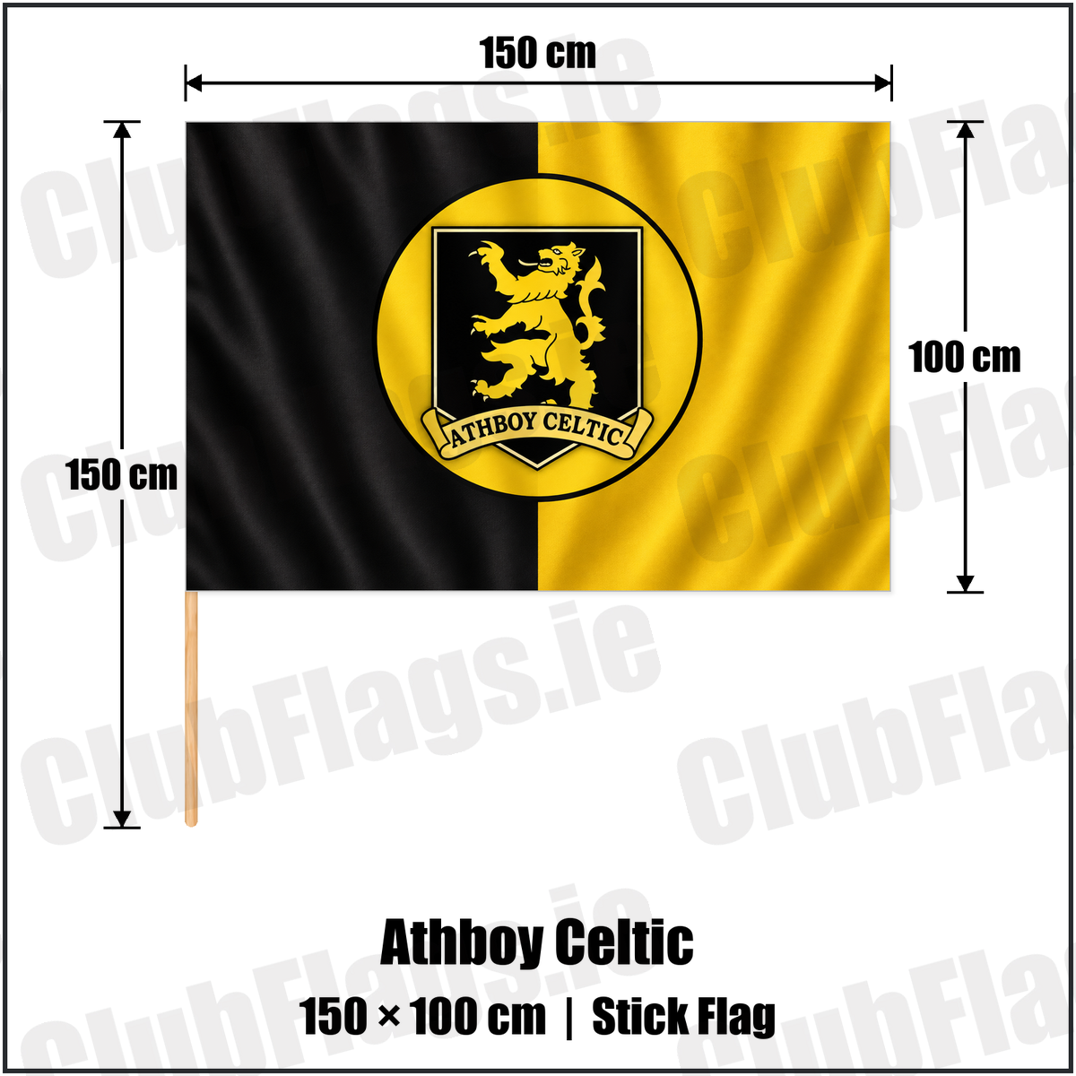 Athboy Celtic 100cm x 150cm Stick Flag with the club crest and colours, Meath football - ClubFlags.ie