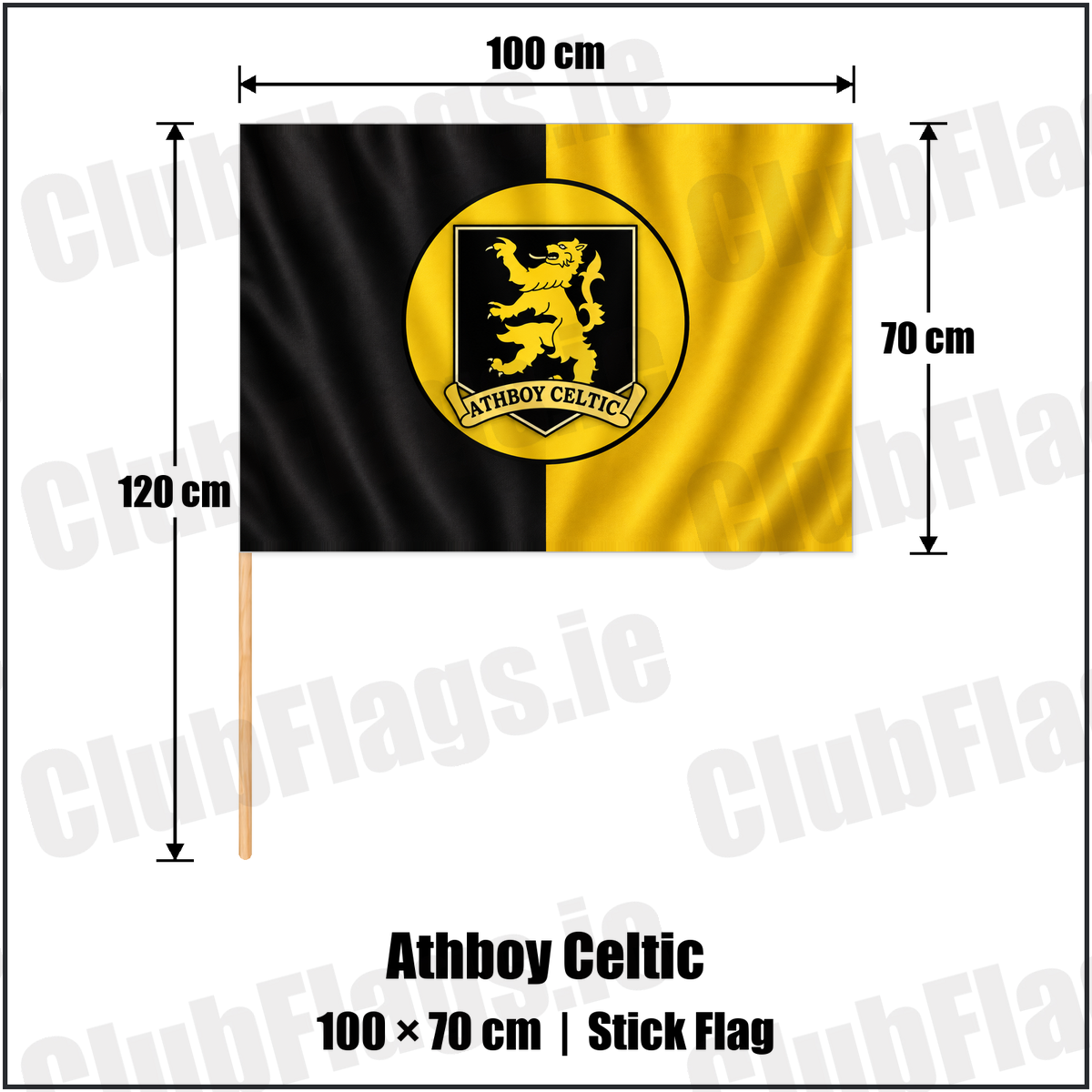 Athboy Celtic 70cm x 100cm Stick Flag with the club crest and colours, Meath football - ClubFlags.ie