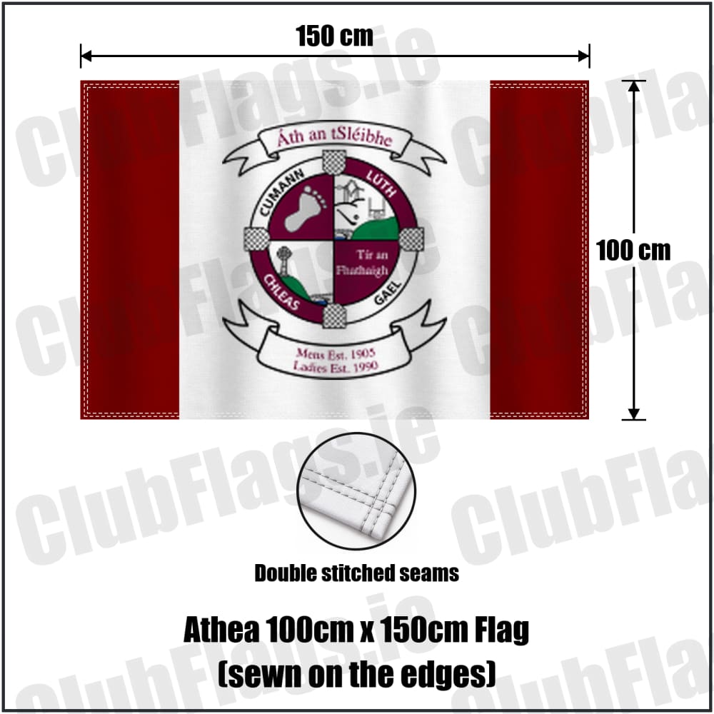 Athea 100cm x 150cm Flag (sewn on the edges) in maroon and white, featuring the club crest on realistic fabric with gentle vertical folds; County Limerick GAA. ClubFlags.ie.