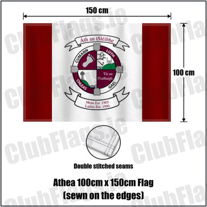 Athea 100cm x 150cm Flag (sewn on the edges) in maroon and white, featuring the club crest on realistic fabric with gentle vertical folds; County Limerick GAA. ClubFlags.ie.