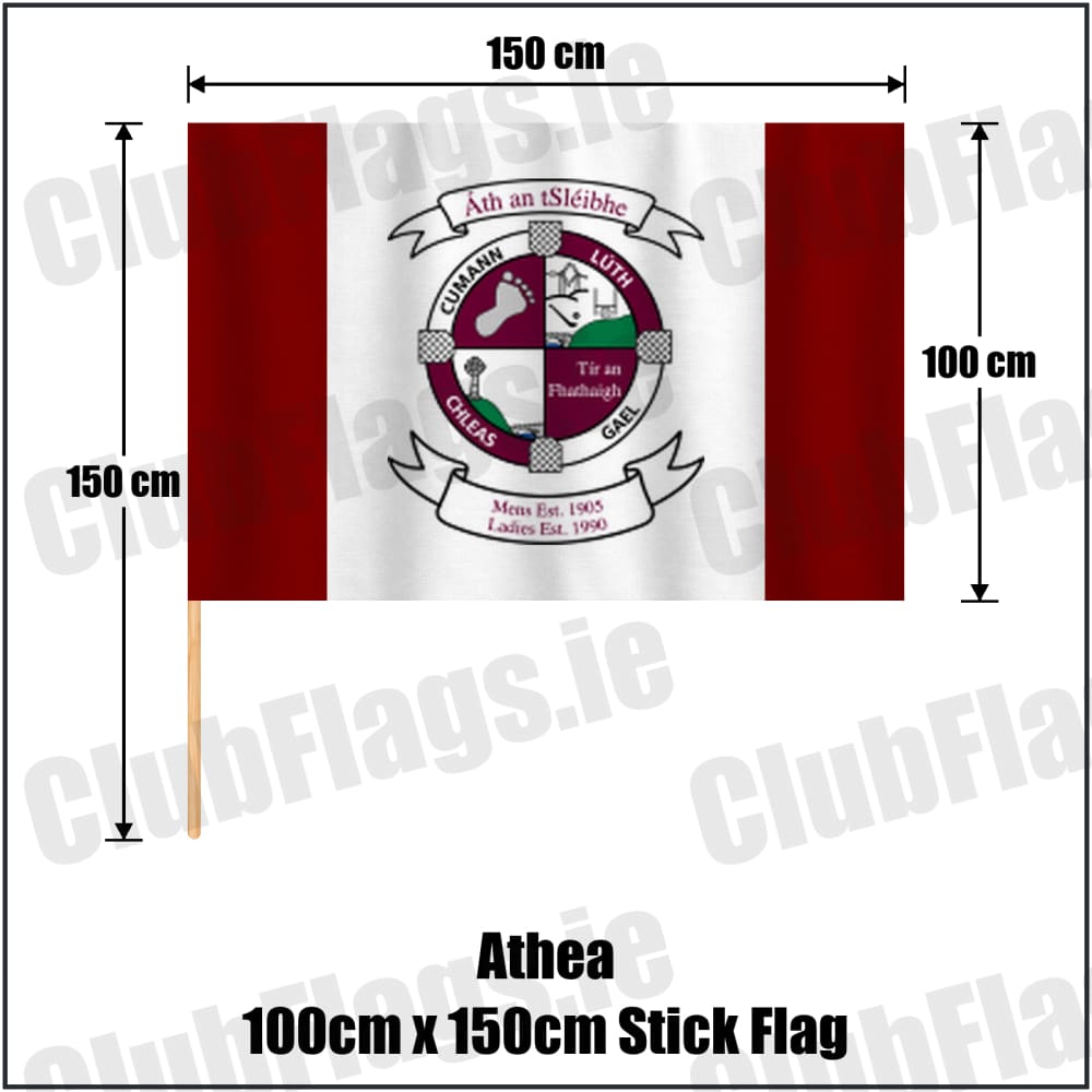 Athea 100cm x 150cm Stick Flag in maroon and white, featuring the club crest on realistic fabric with gentle vertical folds; County Limerick GAA. ClubFlags.ie.