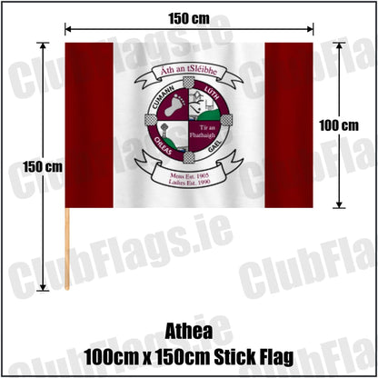 Athea 100cm x 150cm Stick Flag in maroon and white, featuring the club crest on realistic fabric with gentle vertical folds; County Limerick GAA. ClubFlags.ie.