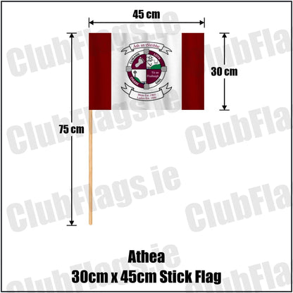 Athea 30cm x 45cm Stick Flag in maroon and white, featuring the club crest on realistic fabric with gentle vertical folds; County Limerick GAA. ClubFlags.ie.