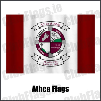 Athea Flags in maroon and white, featuring the club crest on realistic fabric with gentle vertical folds; County Limerick GAA. ClubFlags.ie.