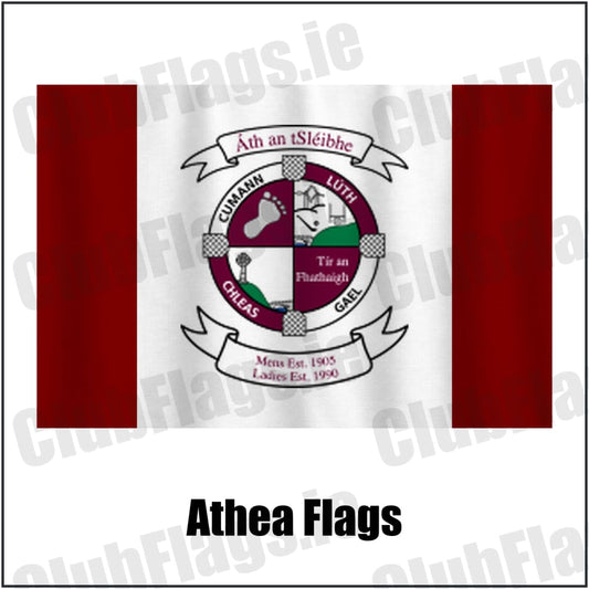 Athea Flags in maroon and white, featuring the club crest on realistic fabric with gentle vertical folds; County Limerick GAA. ClubFlags.ie.
