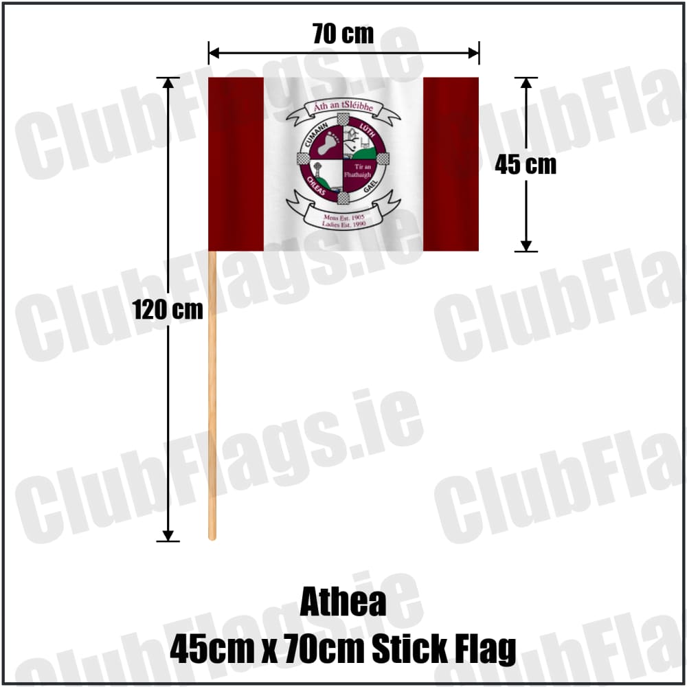 Athea 45cm x 70cm Stick Flag in maroon and white, featuring the club crest on realistic fabric with gentle vertical folds; County Limerick GAA. ClubFlags.ie.