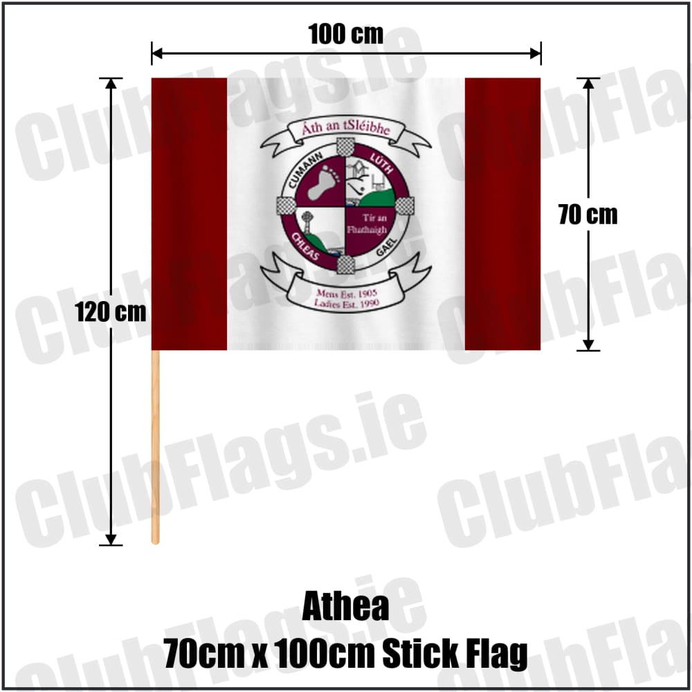 Athea 70cm x 100cm Stick Flag in maroon and white, featuring the club crest on realistic fabric with gentle vertical folds; County Limerick GAA. ClubFlags.ie.