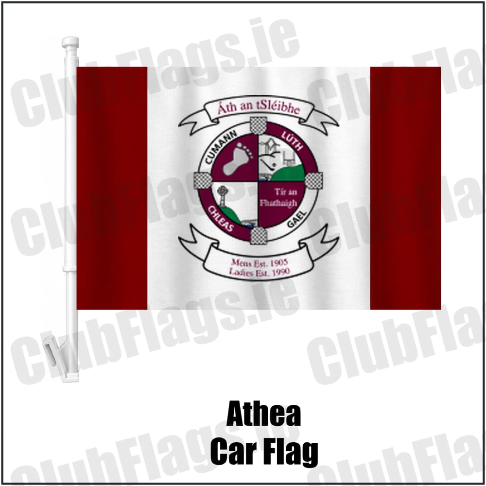 Athea Car Flag in maroon and white, featuring the club crest on realistic fabric with gentle vertical folds; County Limerick GAA. ClubFlags.ie.
