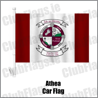 Athea Car Flag in maroon and white, featuring the club crest on realistic fabric with gentle vertical folds; County Limerick GAA. ClubFlags.ie.
