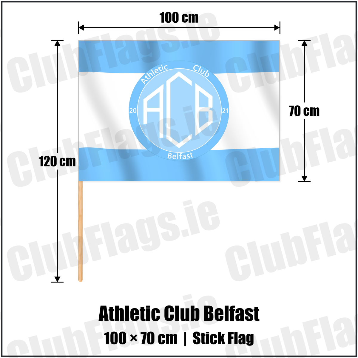 Athletic Club Belfast 70cm x 100cm Stick Flag with the club crest and colours, Antrim Football - ClubFlags.ie