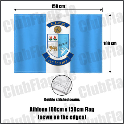 Athlone 100cm x 150cm Flag (sewn on the edges) in light blue and white, featuring the club crest on realistic fabric with gentle vertical folds; County Westmeath GAA. ClubFlags.ie.