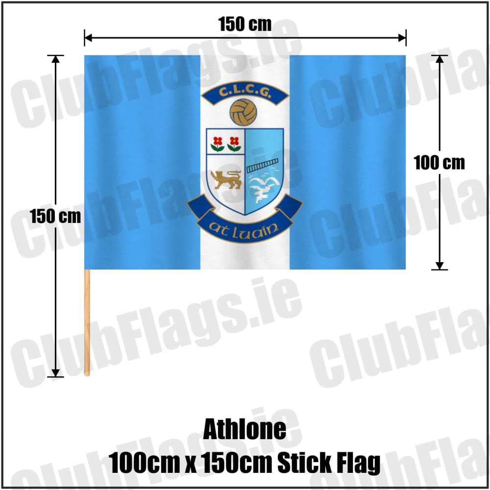 Athlone 100cm x 150cm Stick Flag in light blue and white, featuring the club crest on realistic fabric with gentle vertical folds; County Westmeath GAA. ClubFlags.ie.