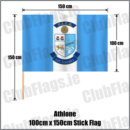 Athlone 100cm x 150cm Stick Flag in light blue and white, featuring the club crest on realistic fabric with gentle vertical folds; County Westmeath GAA. ClubFlags.ie.