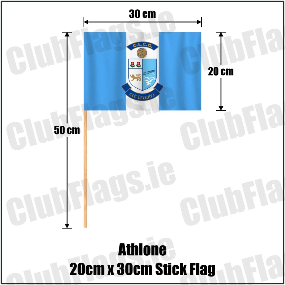 Athlone 20cm x 30cm Stick Flag in light blue and white, featuring the club crest on realistic fabric with gentle vertical folds; County Westmeath GAA. ClubFlags.ie.