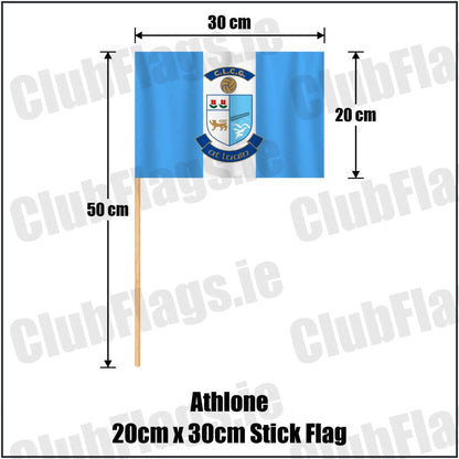 Athlone 20cm x 30cm Stick Flag in light blue and white, featuring the club crest on realistic fabric with gentle vertical folds; County Westmeath GAA. ClubFlags.ie.
