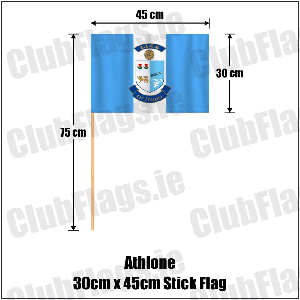 Athlone 30cm x 45cm Stick Flag in light blue and white, featuring the club crest on realistic fabric with gentle vertical folds; County Westmeath GAA. ClubFlags.ie.