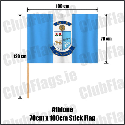 Athlone 70cm x 100cm Stick Flag in light blue and white, featuring the club crest on realistic fabric with gentle vertical folds; County Westmeath GAA. ClubFlags.ie.